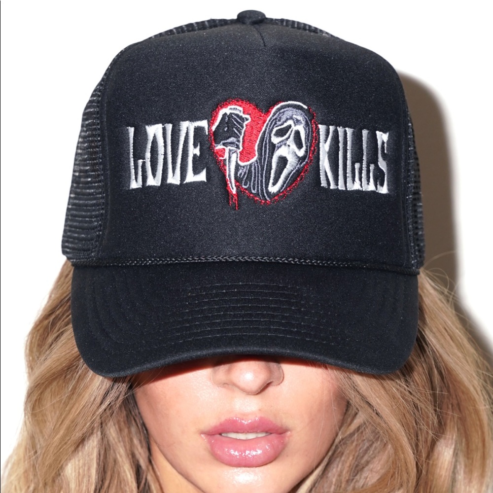 Assholes live forever love kills black trucker hat